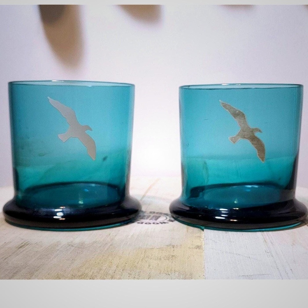 Vintage 1971 MCM South Coast Teal Blue Seagull Rocks Glasses - Pair of 2